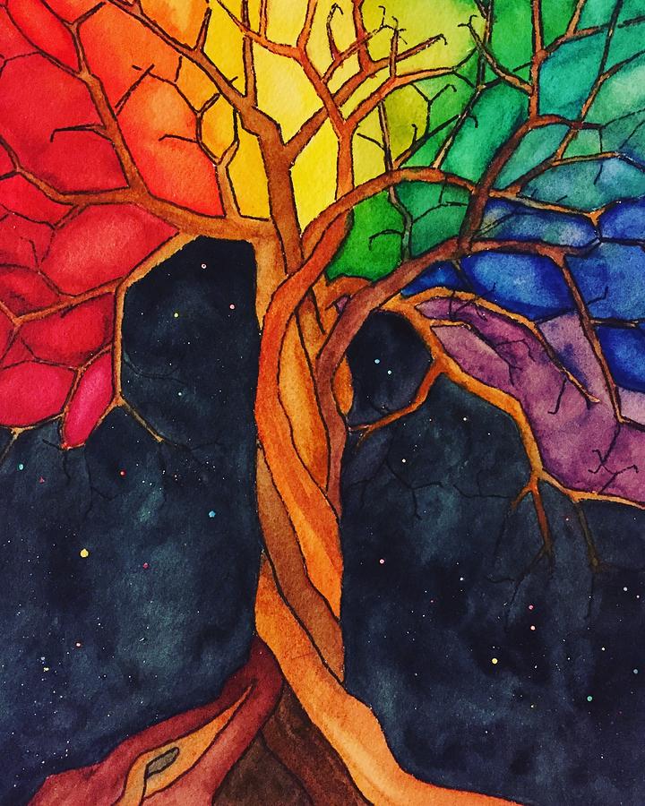 Rainbow Painting - Rainbow Tree with Night Sky by Vonda Drees Rainbow Painting - Rainbow Tree with Night Sky by Vonda Drees