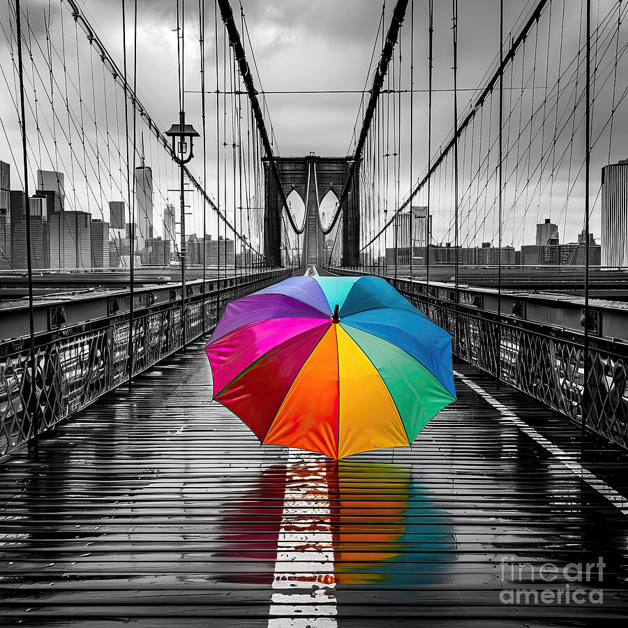 Brooklyn Bridge Digital Art - Rainbow Umbrella on Brooklyn Bridge by Elisabeth Lucas