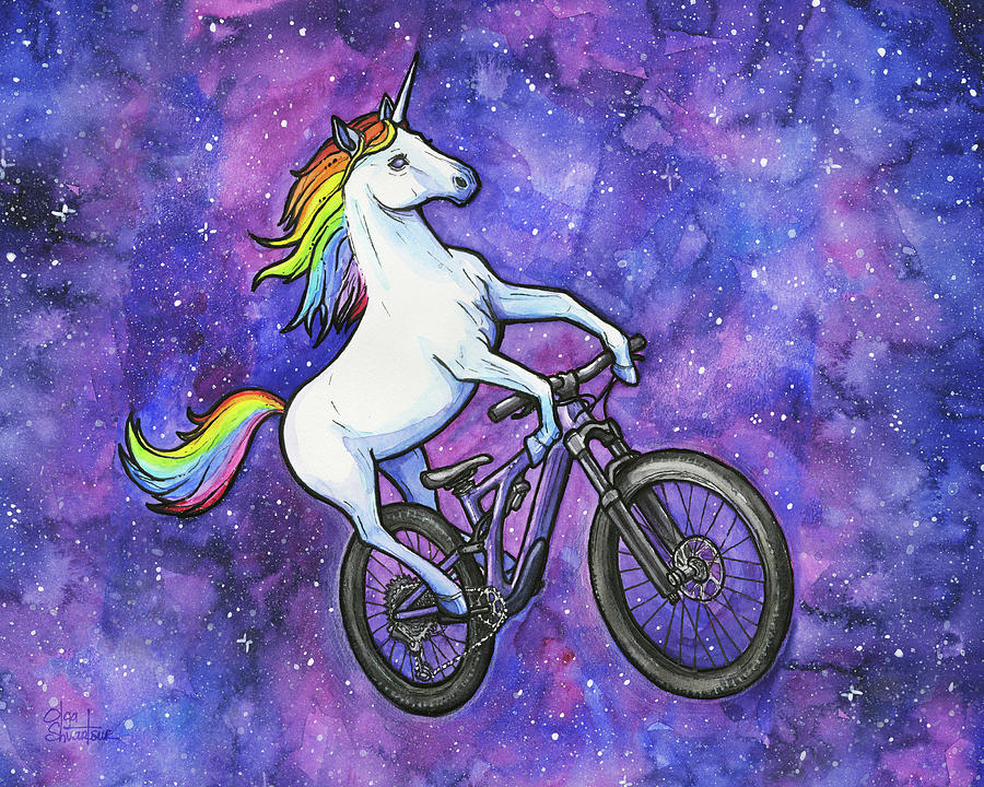 Rainbow Unicorn Riding a Bike Painting by Olga Shvartsur