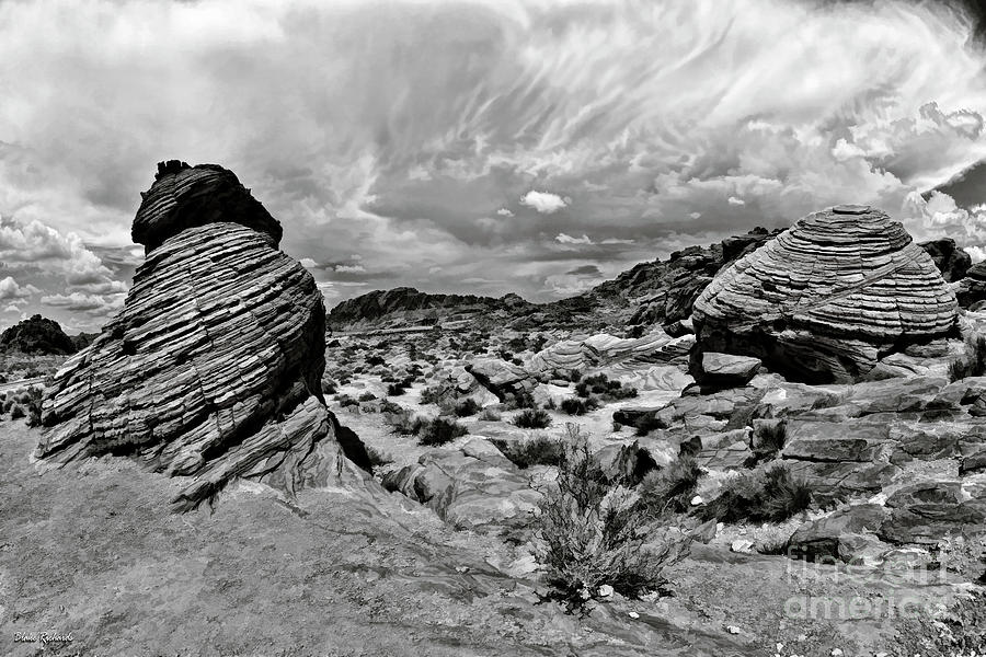 Rainbow Vista Valley Of Fire Two Tremendous Boulders Black and White  Photograph by Blake Richards