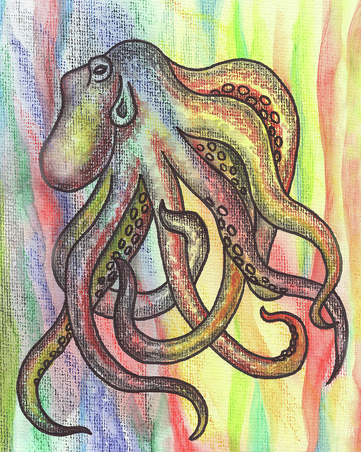 Rainbow Watercolor Octopus Beach Art  Painting by Irina Sztukowski