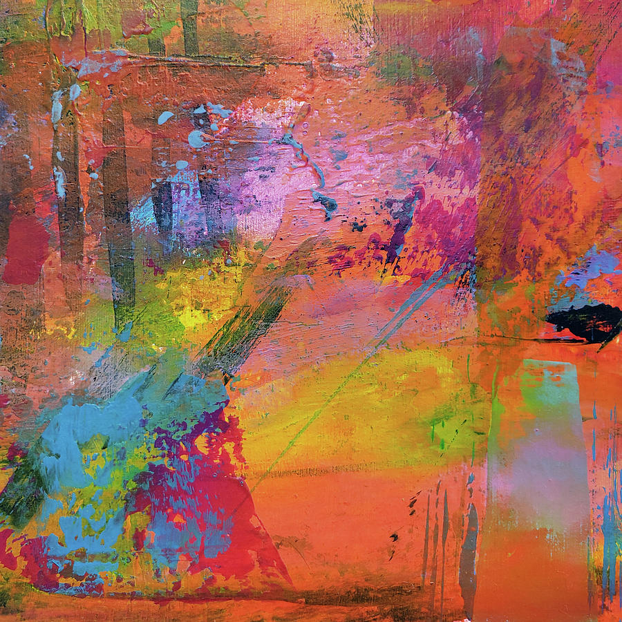 RAINFOREST AT SUNSET Colorful Abstract Painting Red Yellow Orange Blue Painting by Lynnie Lang