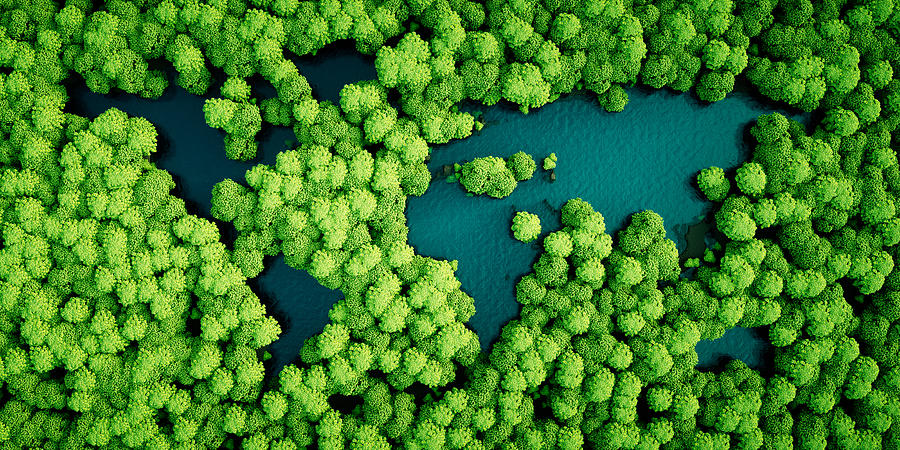 Rainforest lakes in the shape of world continents. Environmentally friendly sustainable development concept. 3D illustration. Photograph by Petmal