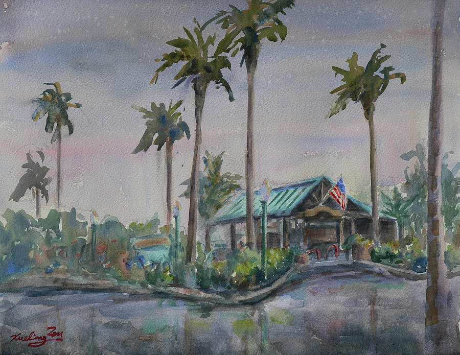 Raining Day at Shadowbrook Restaurant Capitola Painting by Xueling Zou
