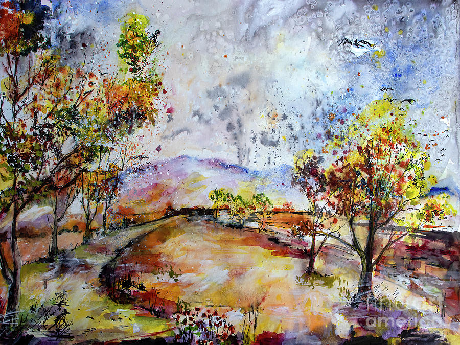 Rainy Autumn Landscape Watercolors Ink Painting by Ginette Callaway