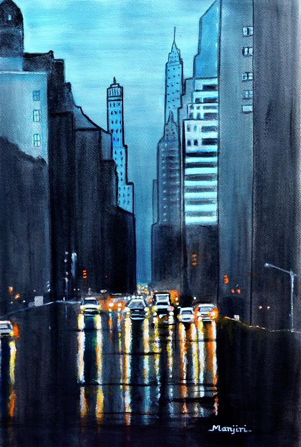 Rainy City Night cityscapes  Painting by Manjiri Kanvinde