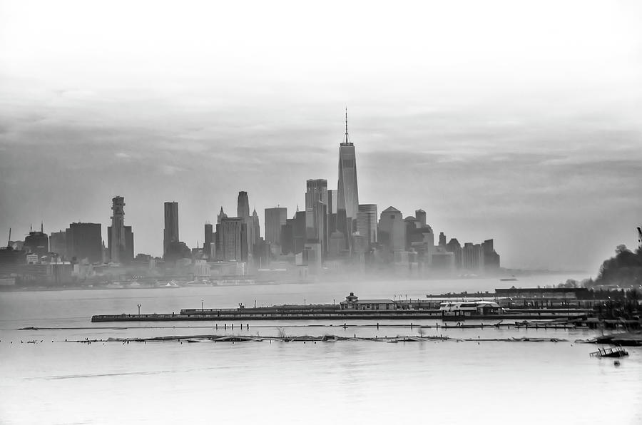Rainy Day on the Hudson - New York Cityscape in Black and White Photograph by Bill Cannon