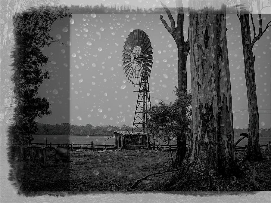 Rainy Day Windmill At The Station Black And White Mixed Media by Joan Stratton