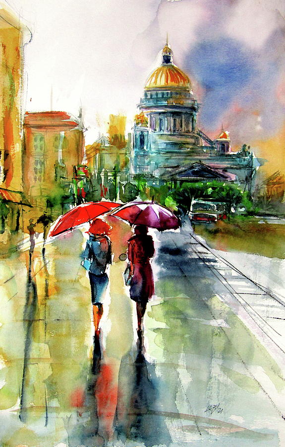 Rainy day with umbrellas Painting by Kovacs Anna Brigitta