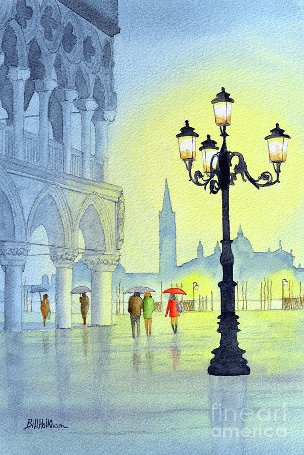 Rainy Evening In St Marks Square Venice Painting by Bill Holkham