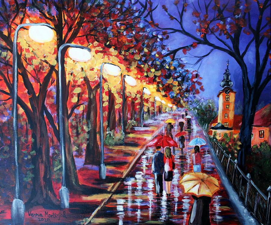 Rainy Evening In The City Painting by Vesna Martinjak