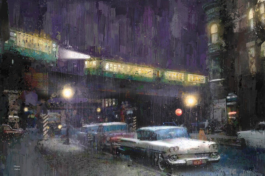 Rainy Night - 58 Chevy and Ravenswood Trains Painting by Glenn Galen
