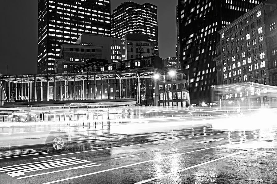 Rainy Night in Boston MA Government Center City Hall Black and White Photograph by Toby McGuire