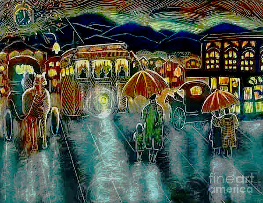 Umbrella Drawing - Rainy Old town by Michele B Naquaiya