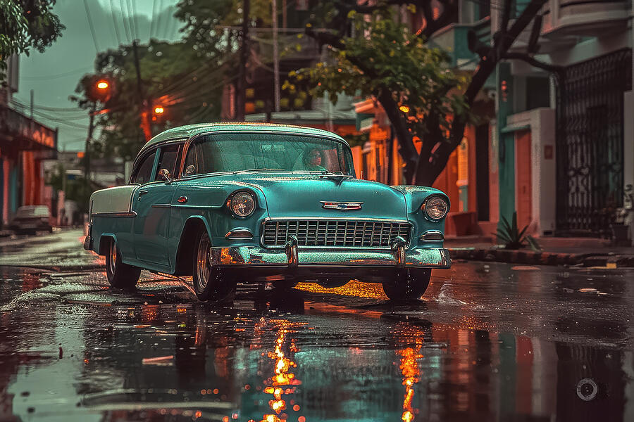 Rainy Rendezvous with a 55 Chev Digital Art by Bill Posner