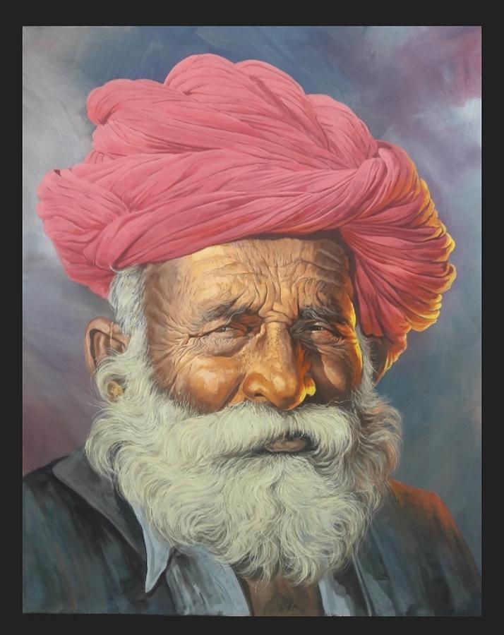 Rajasthani Old Man Face Silk Paint Painting by Manish Vaishnav