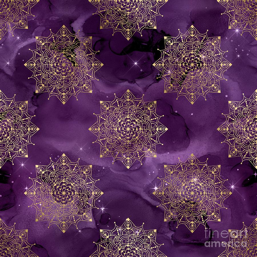 Rakasa - Purple Gold Watercolor Mandala Galaxy Dharma Pattern Digital Art by Sambel Pedes