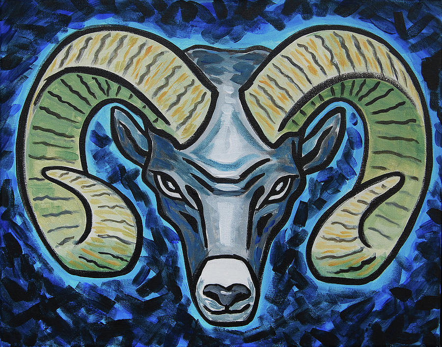 Ram head blue black background Painting by Tommy Midyette