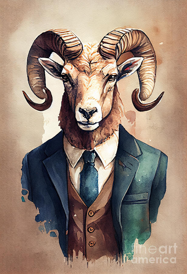 Ram Painting - Ram in Suit Watercolor Hipster Animal Retro Costume by Jeff Creation