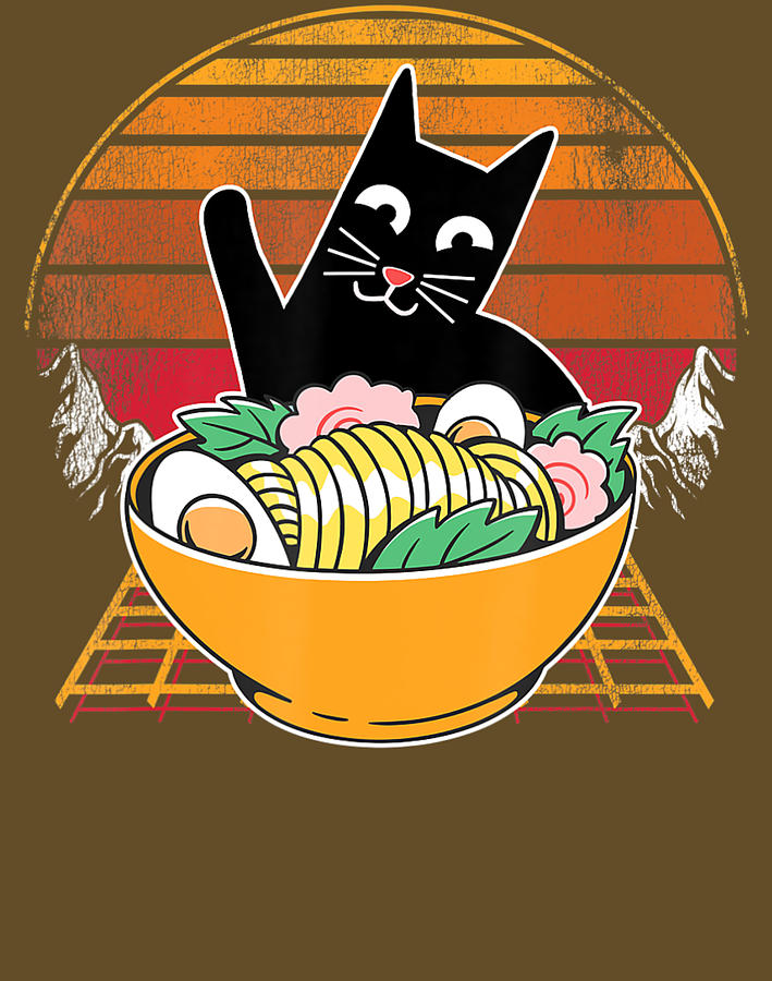 Ramen Cat Vintage Sunset 70S Kawaii Anime Japanese Noodles Digital Art ...