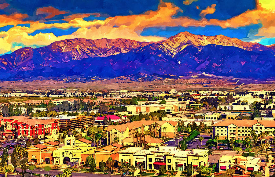 Rancho Cucamonga aerial with San Gabriel Mountains and Cucamonga Peak in the distance Digital Art by Nicko Prints