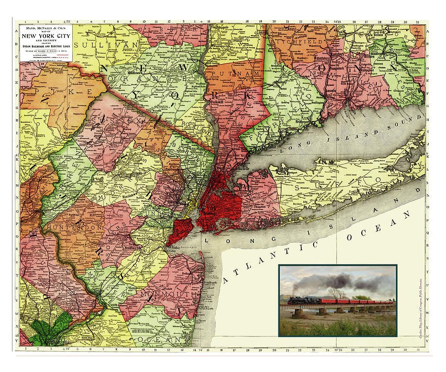 Rand, McNally and Companys Railroad Map of New York City and Vicinity 1908 Digital Art by Chuck Mountain