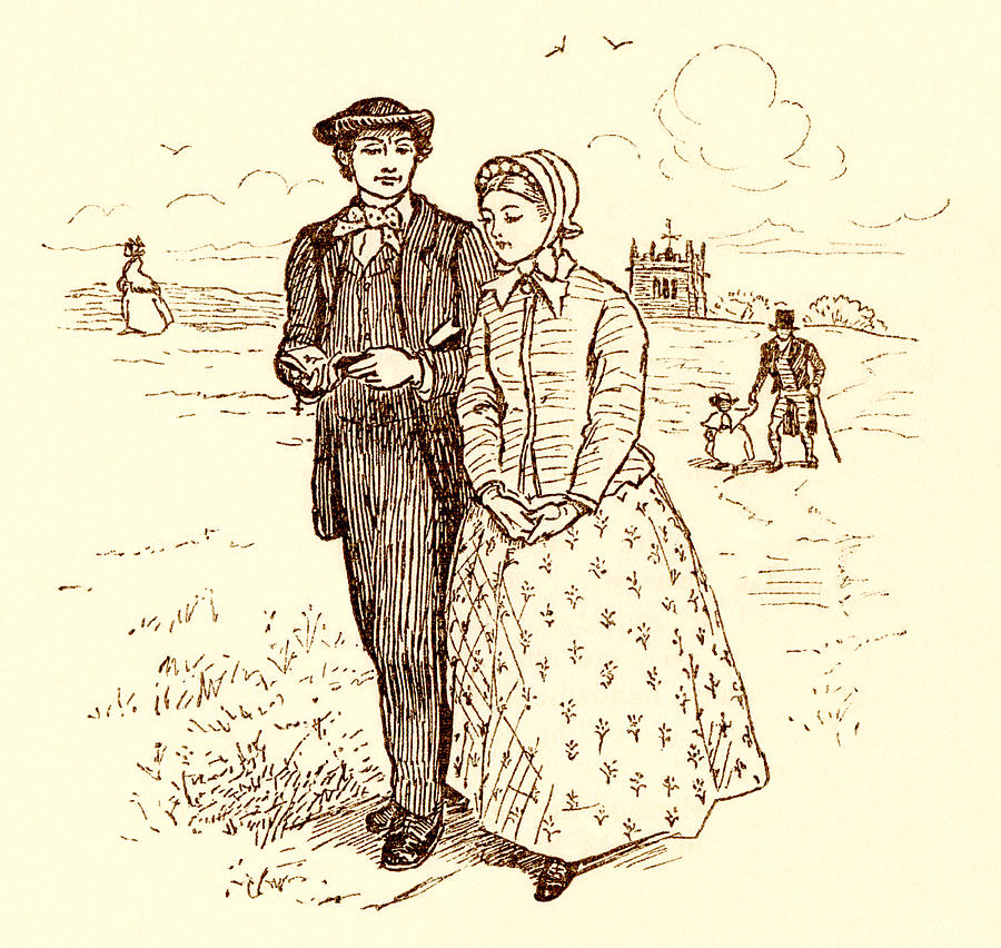 Randolph Caldecott illustration - young Victorian couple walking Drawing by Whitemay