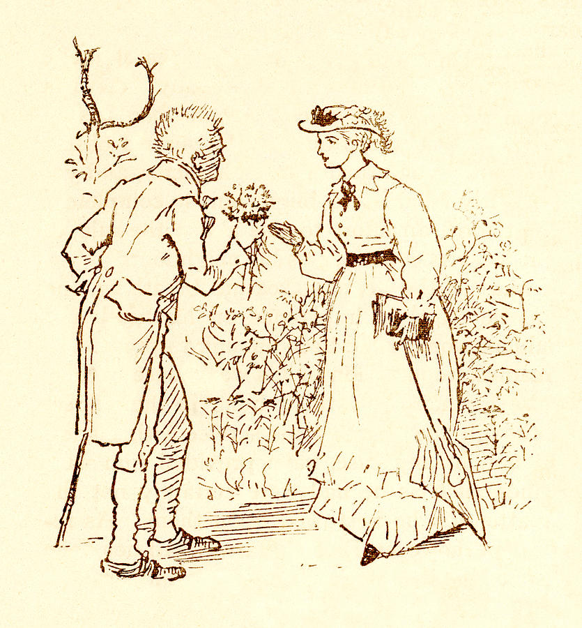 Randolph Caldecott - Man presenting bunch of flowers to woman Drawing by Whitemay