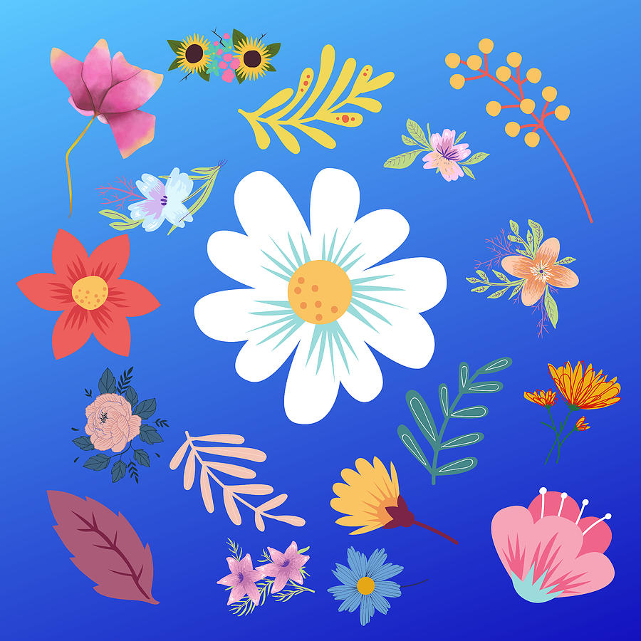 Random Floral Pattern 21 Electric Blue Gradient Background Color Digital Art by Ali Baucom