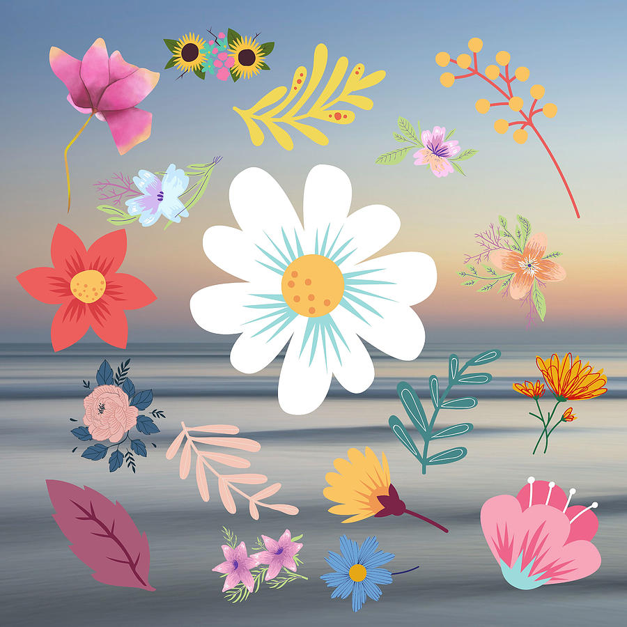 Random Floral Pattern 24 Calm Ocean Gradient Background Colors Digital Art by Ali Baucom