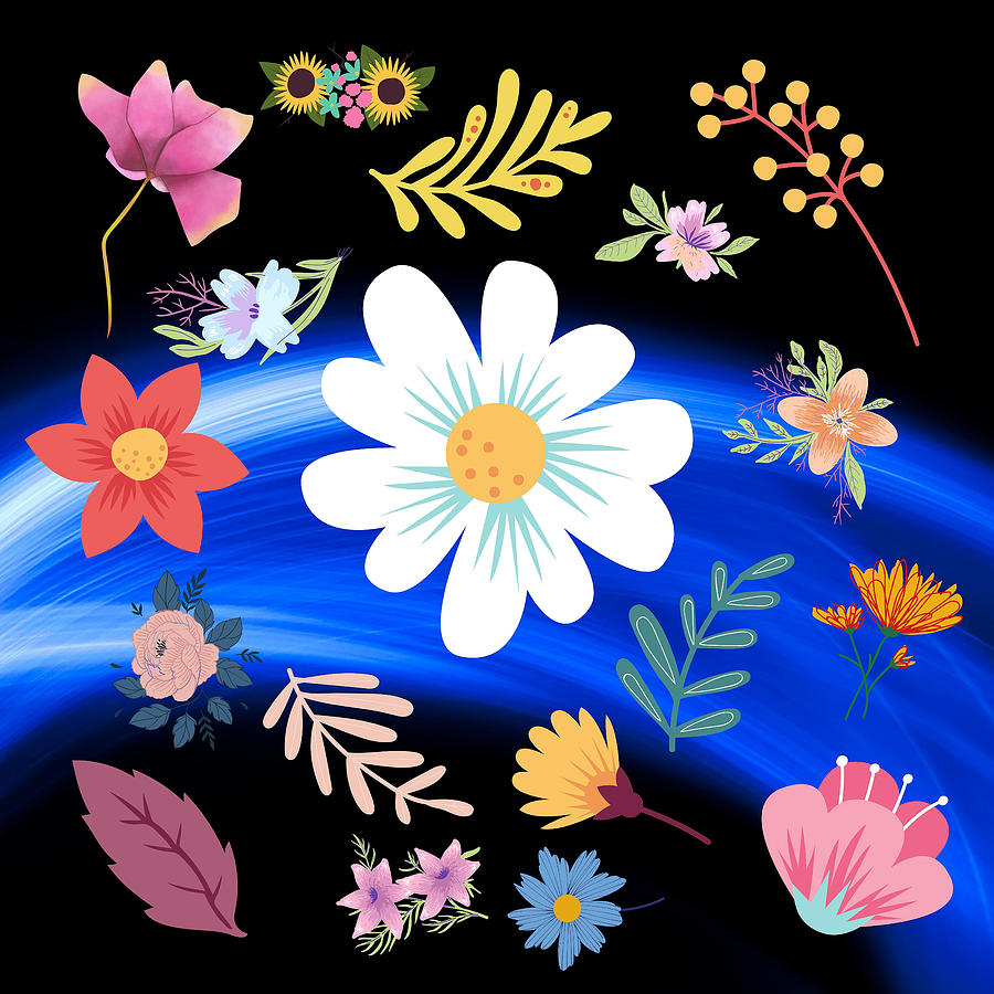 Random Floral Pattern 25 Black with Blue Streak Background Color Digital Art by Ali Baucom