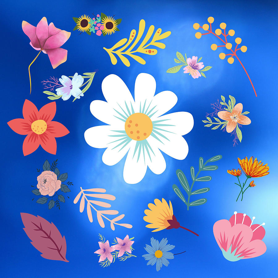 Random Floral Pattern 26 Bokeh Blue Blur Background Color Digital Art by Ali Baucom