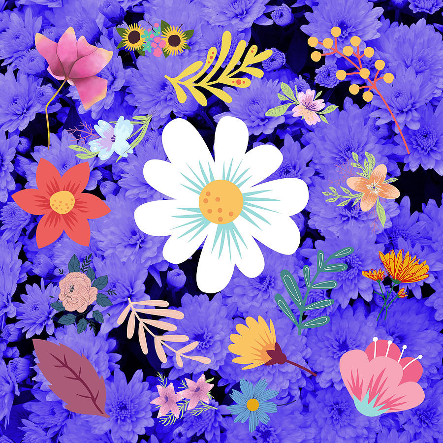 Random Floral Pattern 28 Blue Purple Chrysanthemums Background Color Digital Art by Ali Baucom