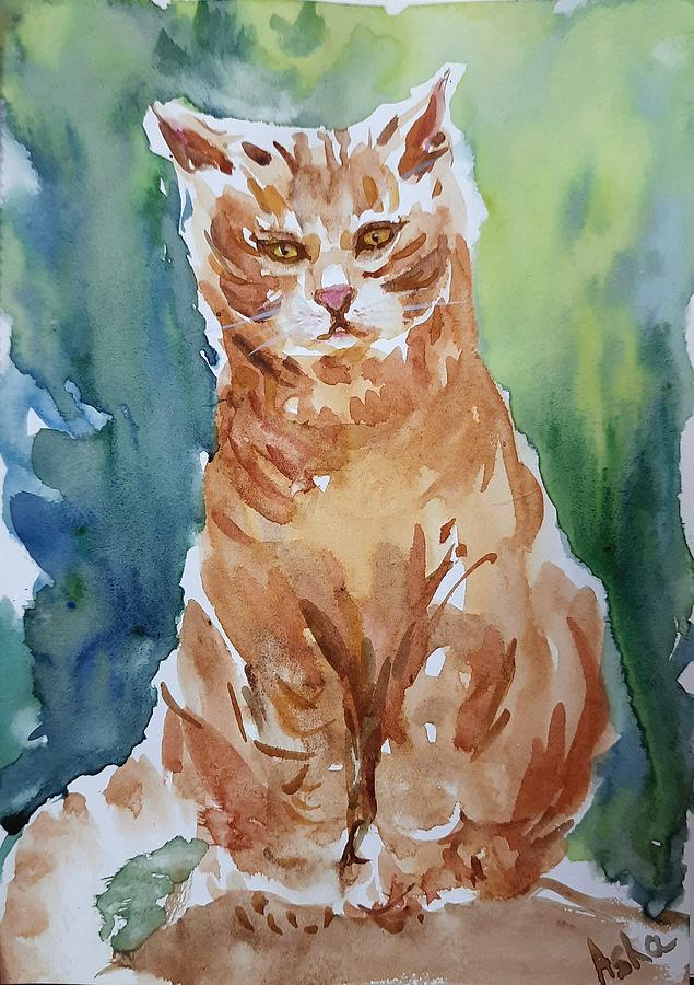 Ranga the Orange cat Painting by Asha Sudhaker Shenoy