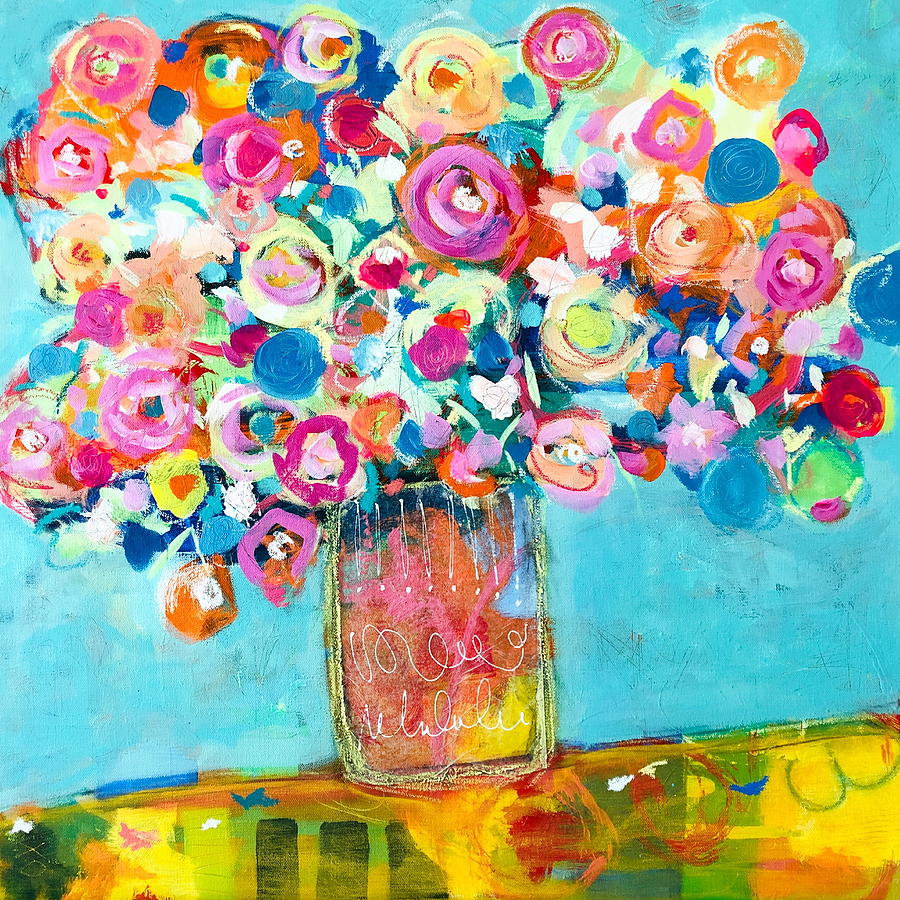 Colorful Mixed Media - Ranunculus on Quilted Tablecloth by Patti Buss