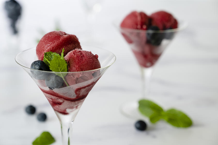 Raspberry Sorbet Garnished with Blueberries and Mint Photograph by Brycia James