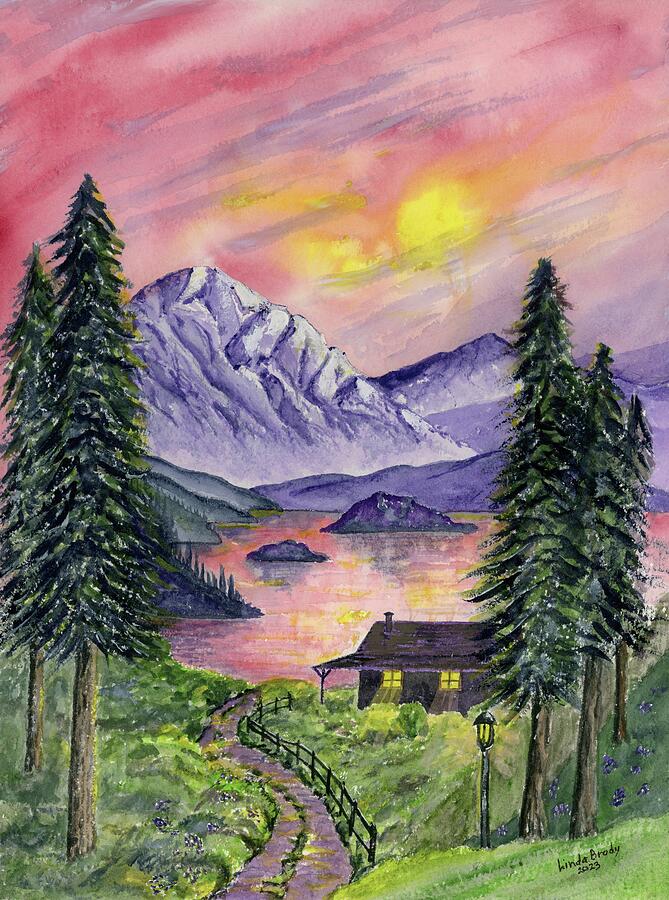 Raspberry Sunset Reflecting Off The Lake  Painting by Linda Brody