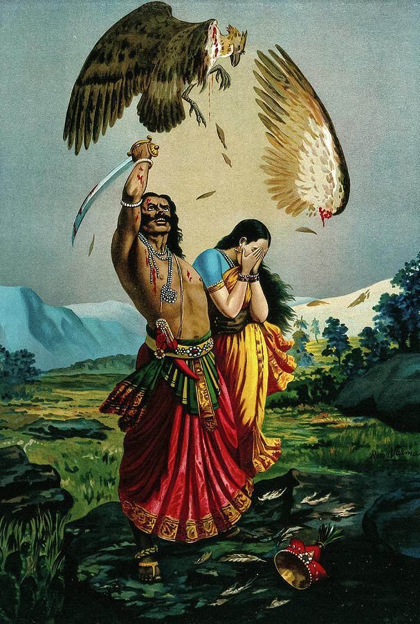 Ravana slaughtering Jatayu the vulture, while an abducted Sita looks away in Horror Painting by Ravi Varma