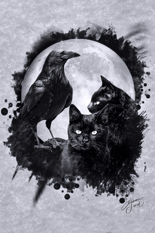 Raven and Black Cats Surreal Painterly on Silver Gray Parchment Witchy Mystical Photograph by Stephanie Laird
