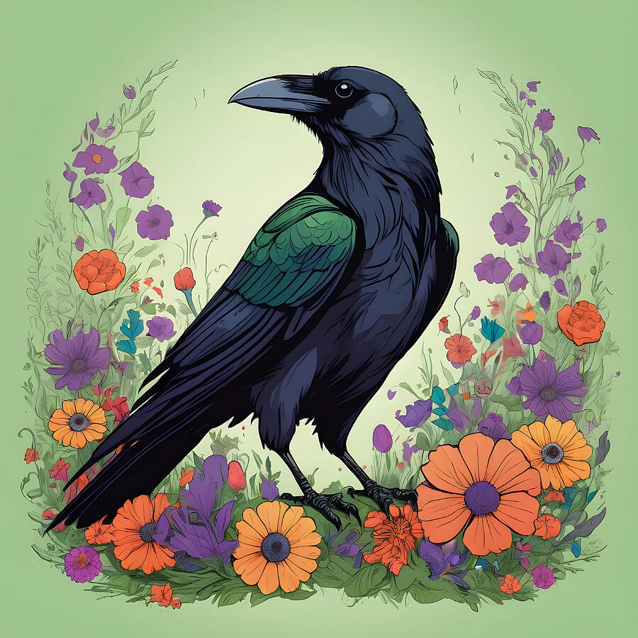 Crow Digital Art - Raven and flowers by Perl Photography