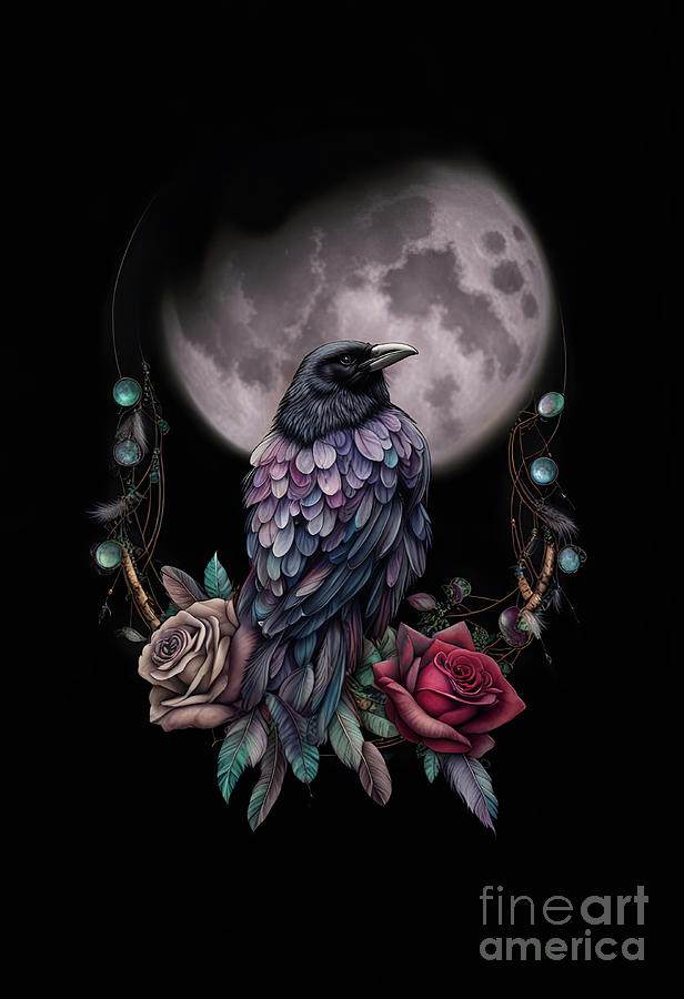 Raven and Moon Mysterious Mystical Mixed Media by Stephanie Laird