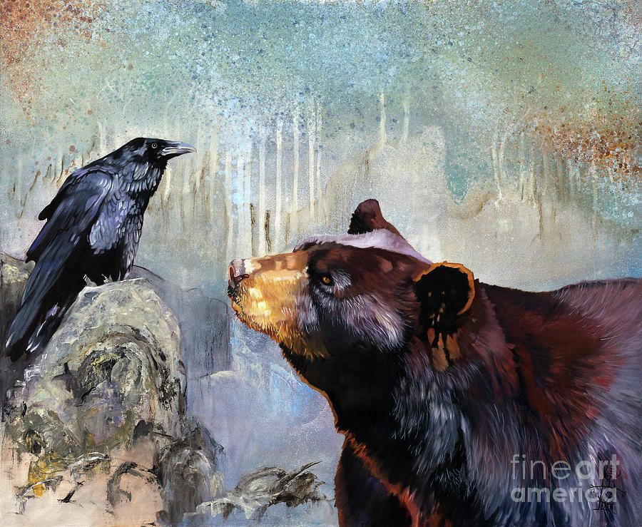 Raven Painting - Raven and the Bear by J W Baker