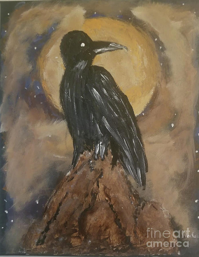 Raven And The Yellow Moon Painting