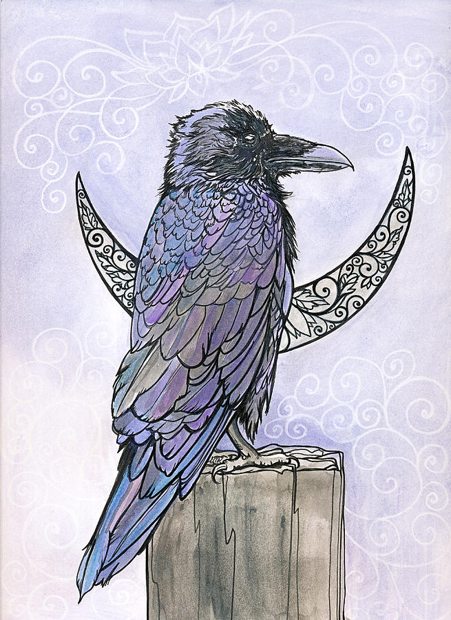 Raven Crescent Moon Drawing by Katherine Nutt