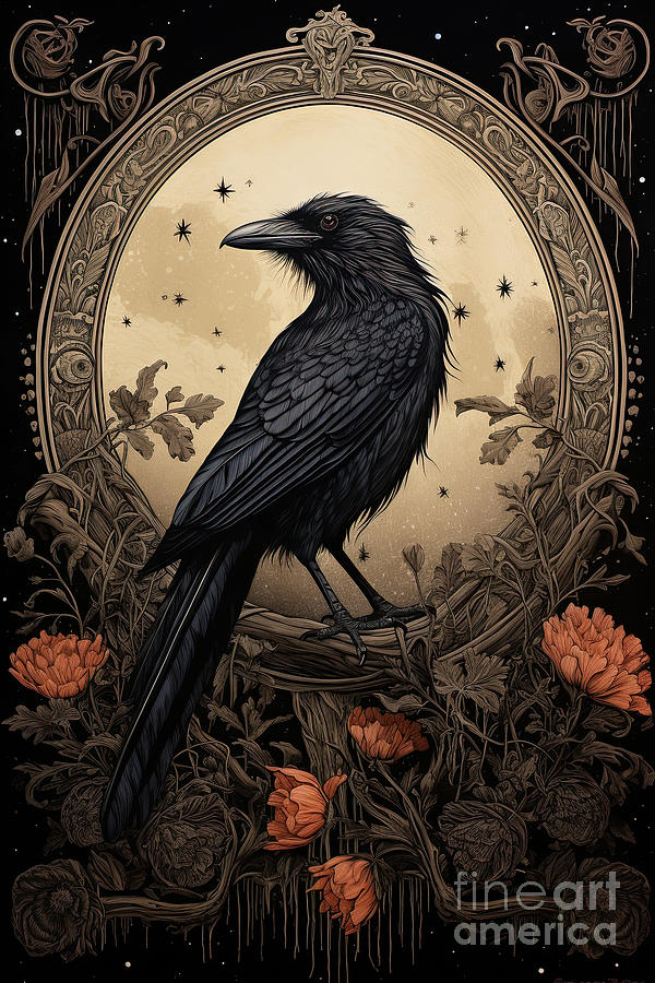 Raven in a dark forest. Art Nouveau style depiction of a single bird ...