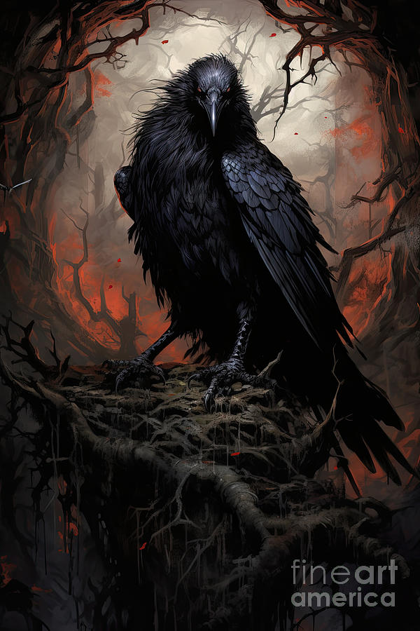 Raven in a dark forest. Depiction of a single bird, side profile ...