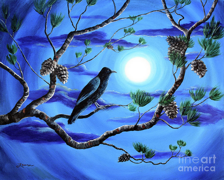 Raven in Pine Tree Branches Painting by Laura Iverson