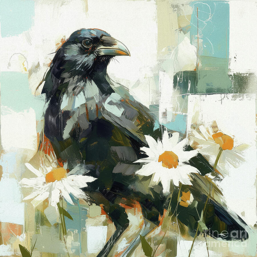 Raven In The Daisies Painting by Tina LeCour Raven In The Daisies Painting by Tina LeCour