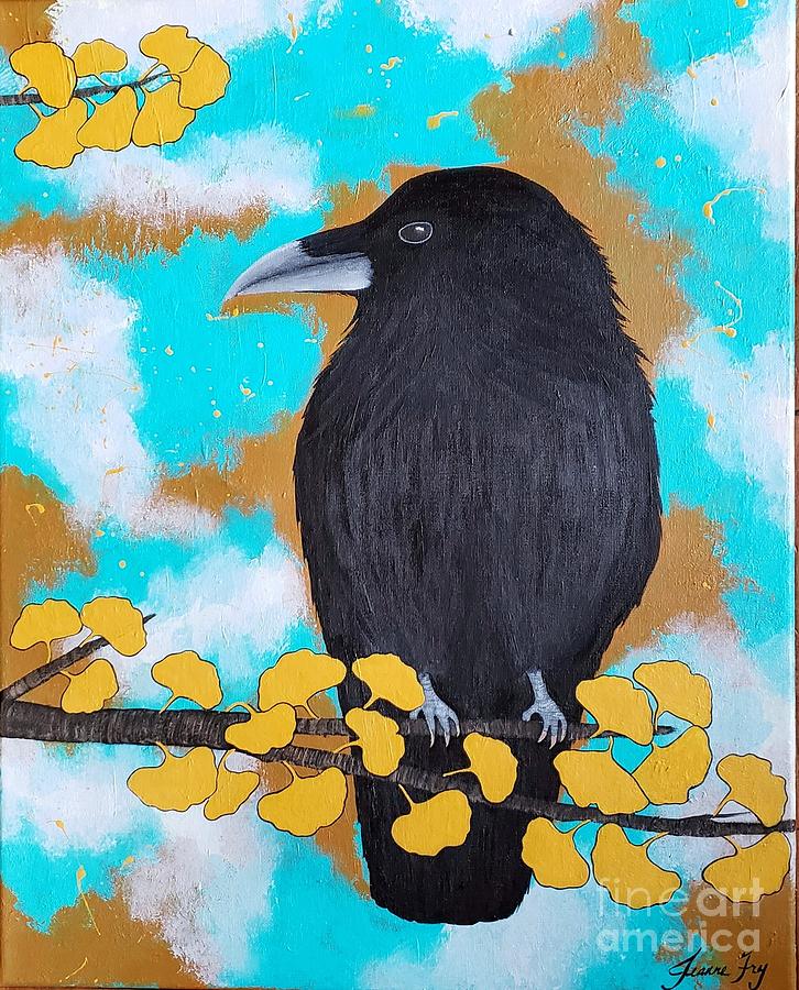 Raven in the Ginkgo Winds Painting by Jean Fry