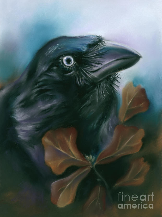 Raven with Autumn Oak Leaves Painting by MM Anderson